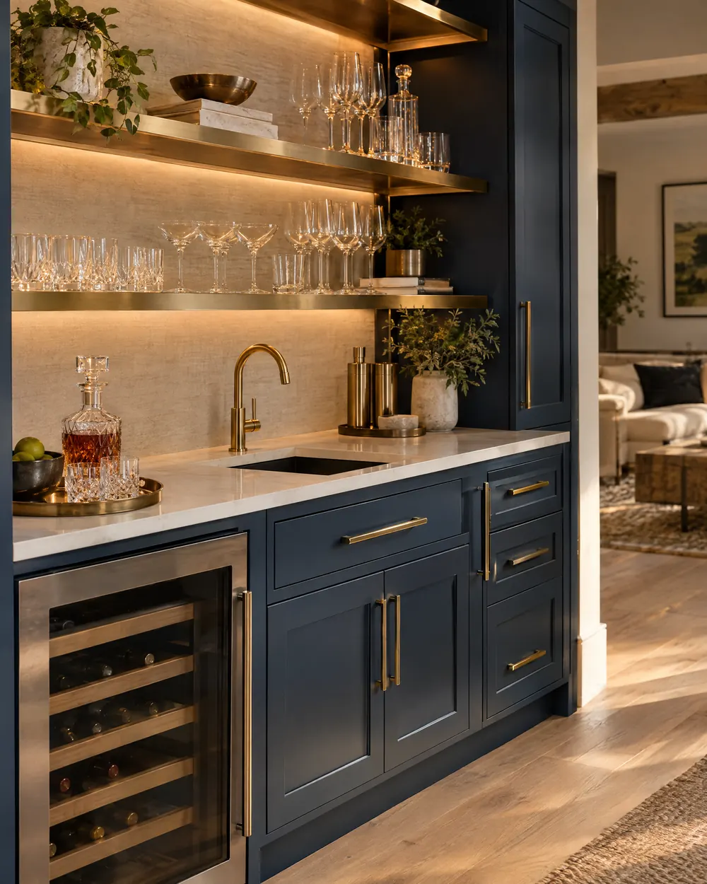 A basement wet bar with navy cabinets, brass shelves, and glassware