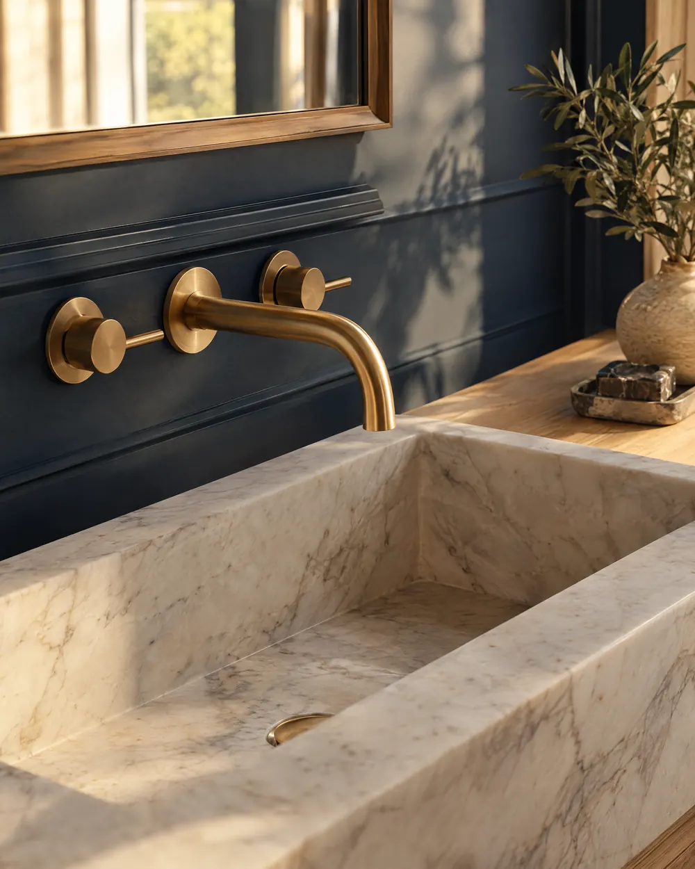 A brushed brass wall faucet over a honed marble basin