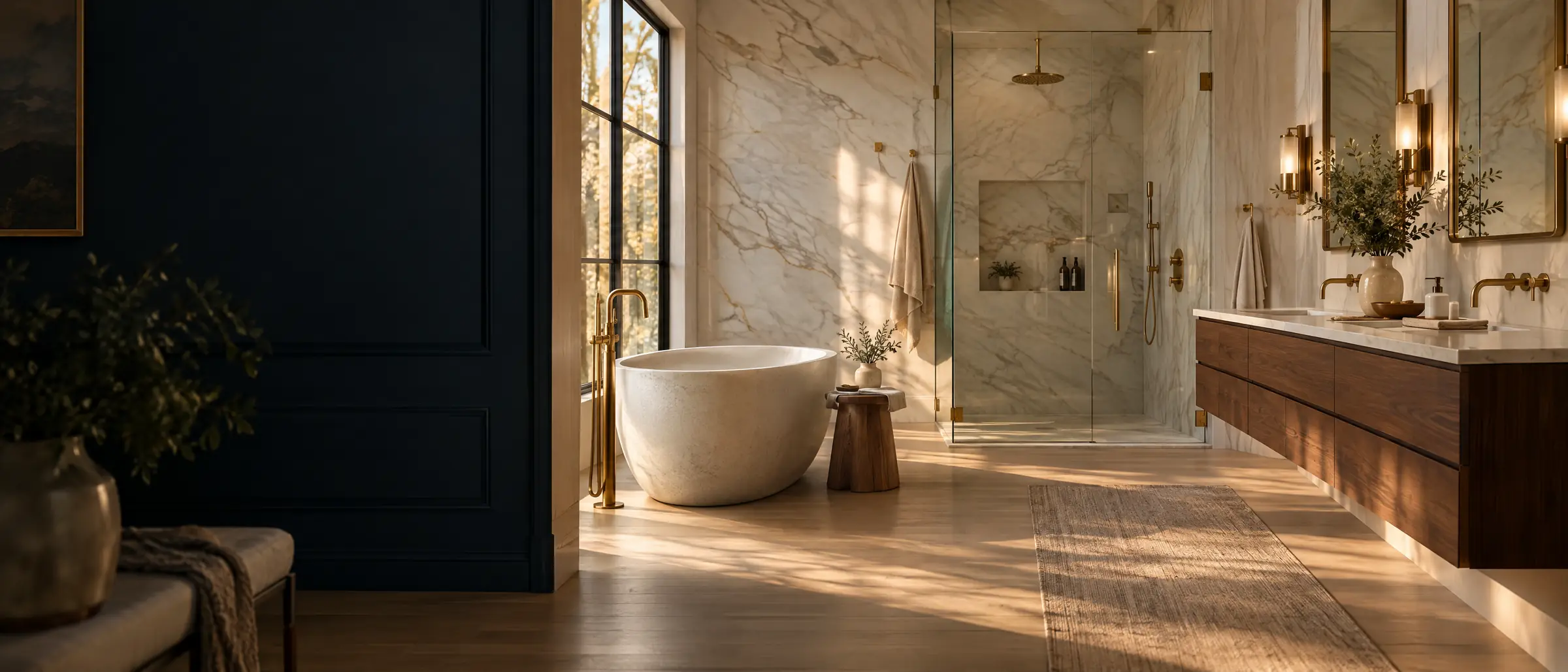A marble bathroom with a freestanding tub, a walnut double vanity with brass fixtures, and a glass shower