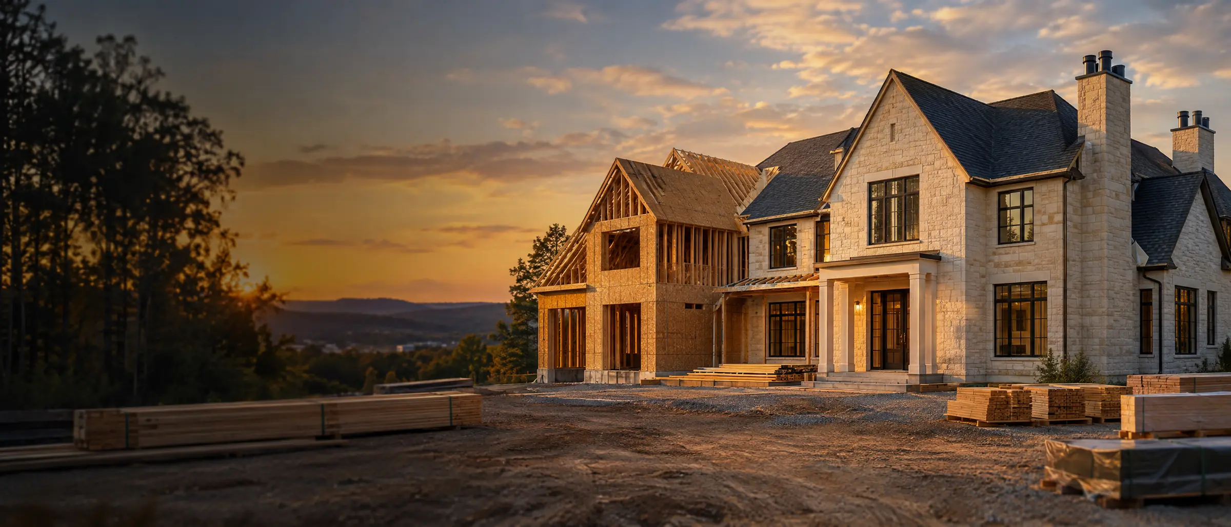 A large stone-faced custom home at sunset, one wing still in timber framing, lumber stacked on the site