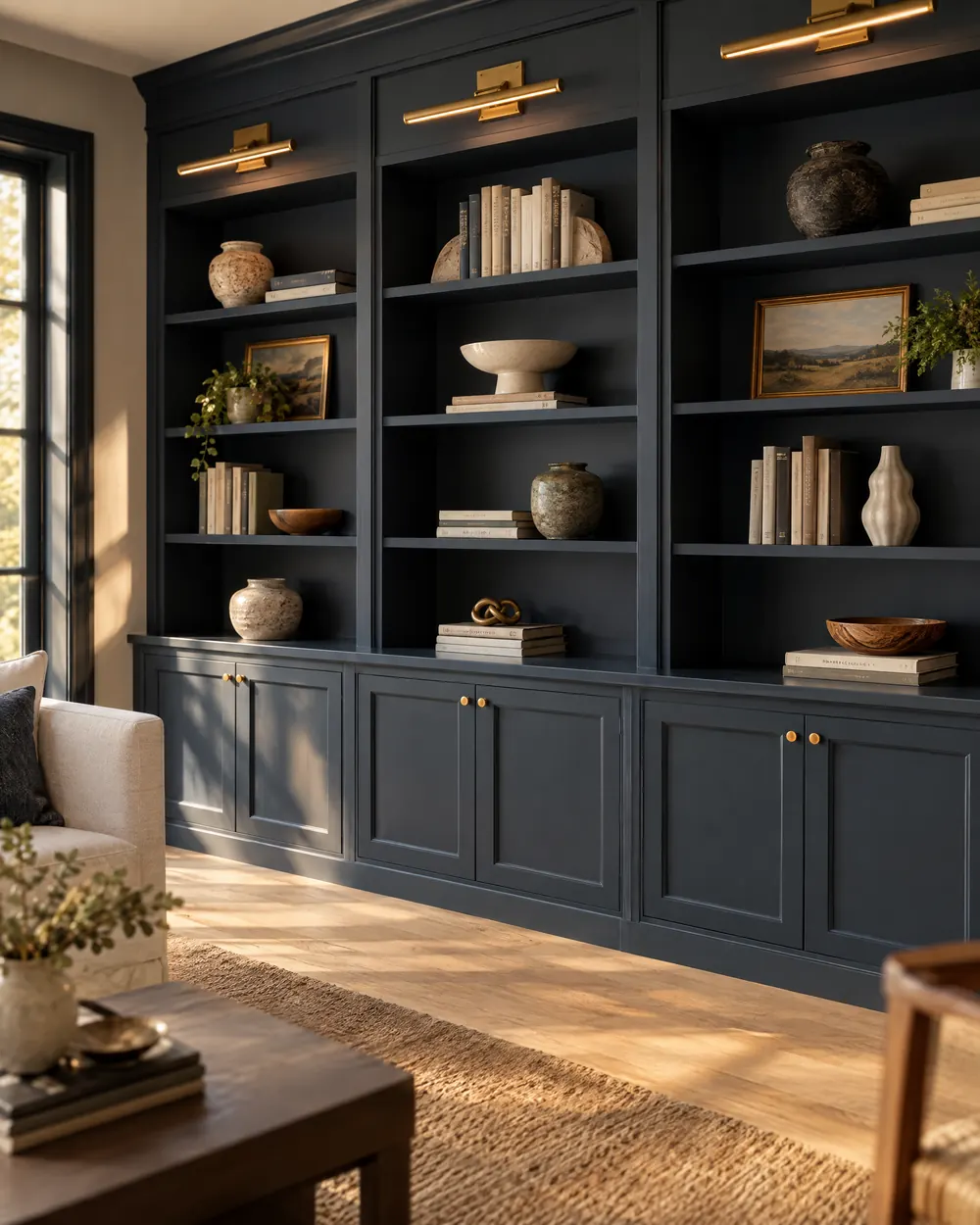 Navy built-in bookshelves with brass picture lights above closed cabinets