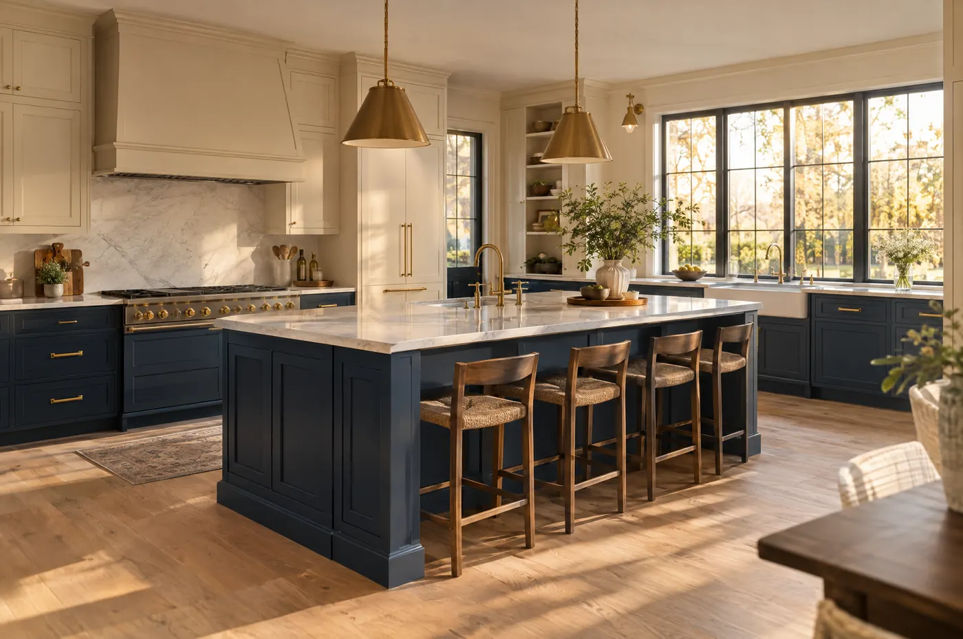 A rebuilt kitchen with navy and cream cabinets and an oak floor