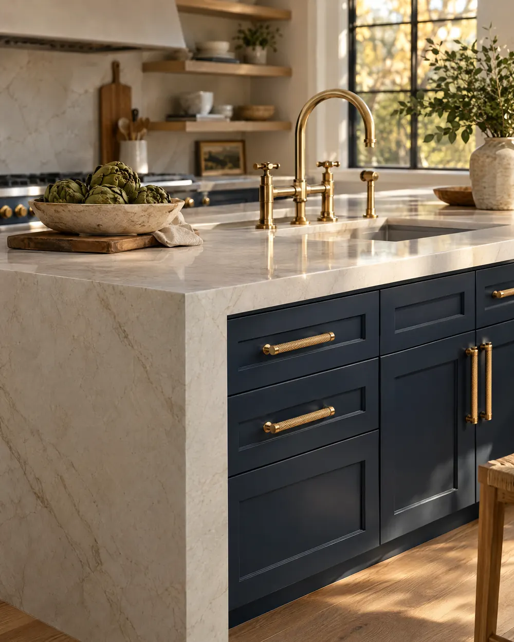 The edge of a quartzite waterfall island against navy cabinets with brass pulls and a brass faucet
