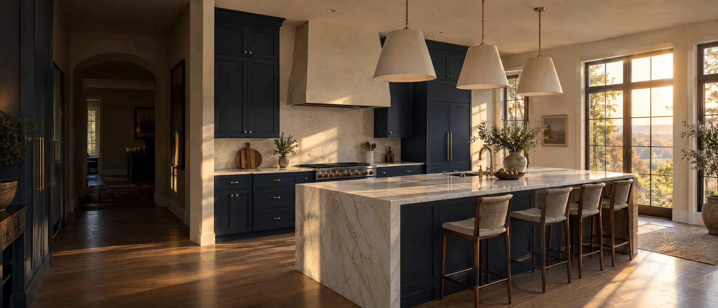 A kitchen with navy cabinets, brass hardware, a quartzite waterfall island, and linen pendants in evening light