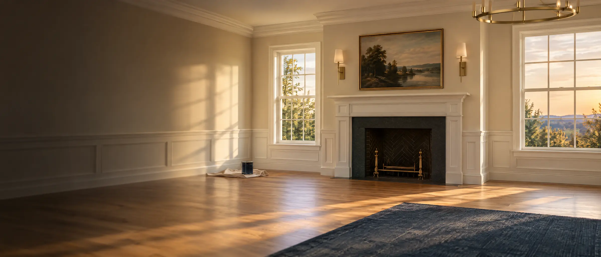 An empty, freshly painted living room with cream walls, white crown molding, and wainscoting
