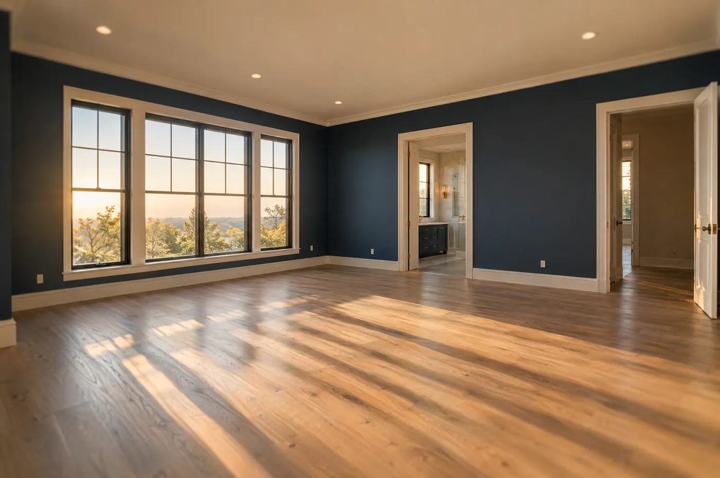 A smooth new drywall ceiling and walls with recessed lights in an empty room