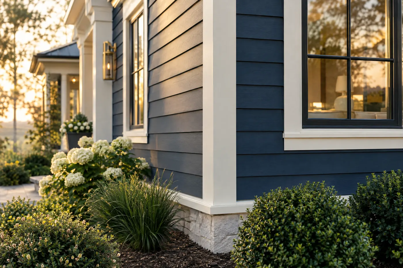 The corner of new lap siding and trim, freshly painted