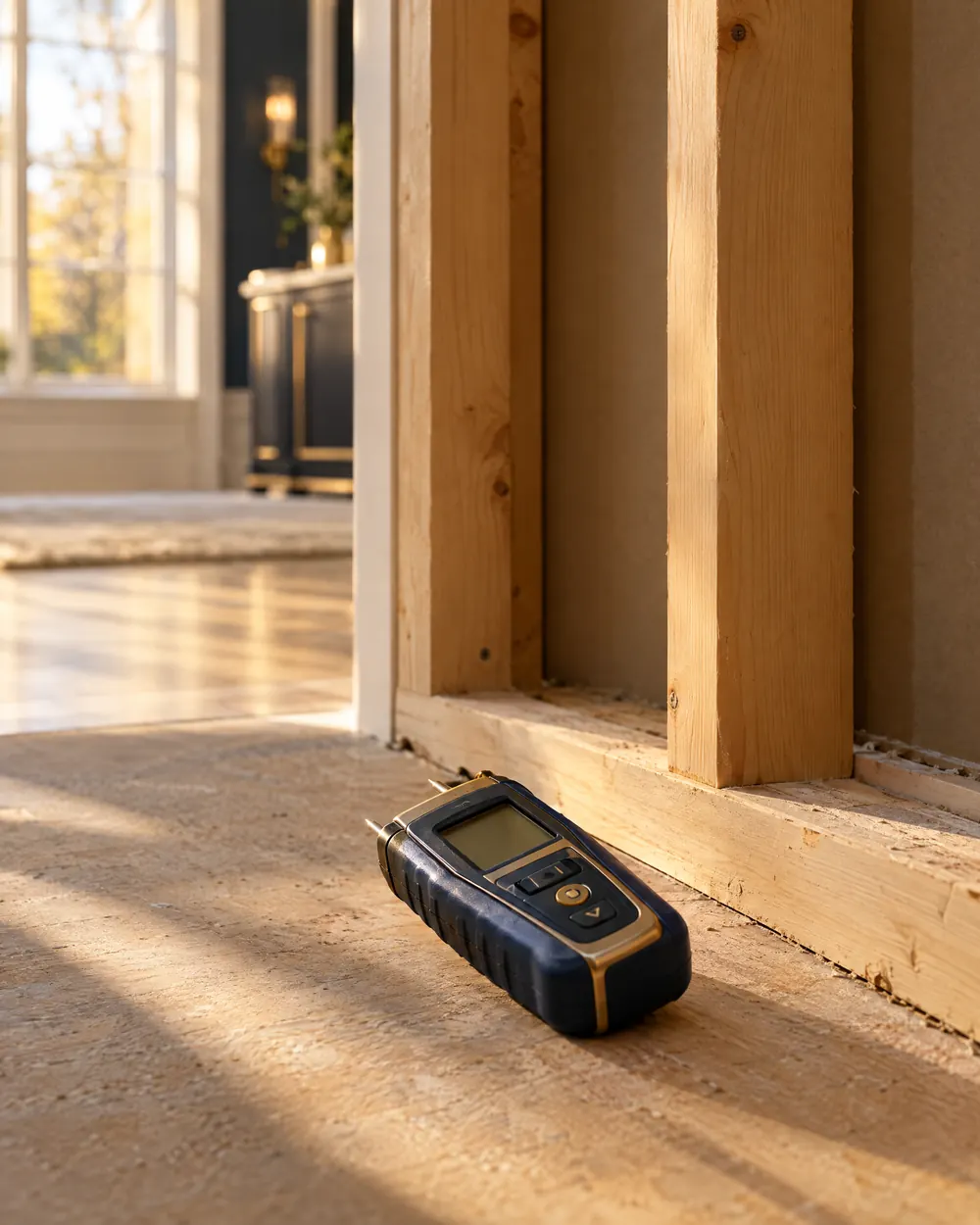 A moisture meter on the subfloor beside an opened wall with dry new studs