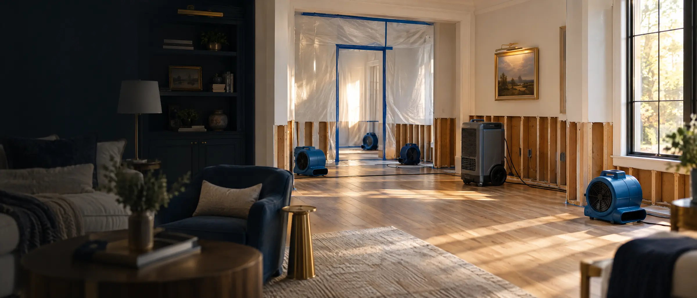 A room mid-restoration with the lower walls opened to the studs, air movers, and a dehumidifier running