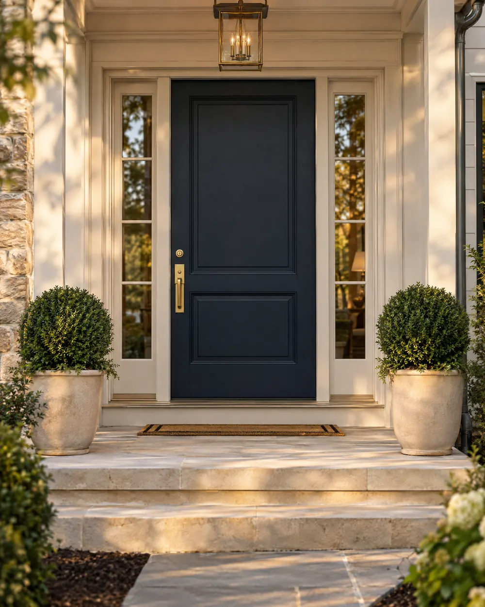 A navy front door with brass hardware, glass sidelights, and a stone step