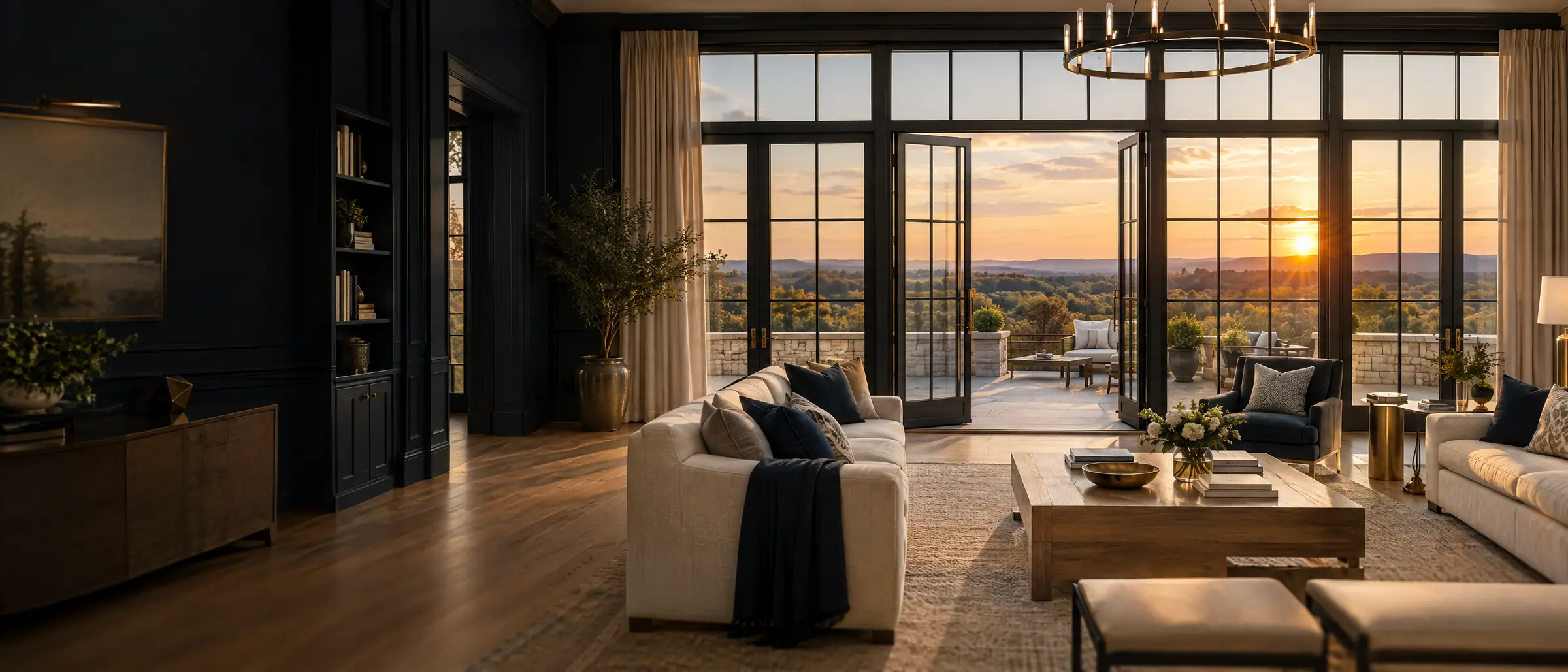 A living room with floor-to-ceiling black steel windows and French doors open to a terrace at sunset